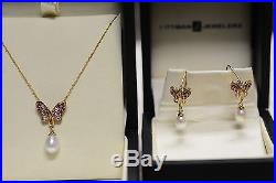 14K Yellow Gold Pearl/Sapphire Necklace with Pendant & Earrings Jewelry Set BNIB