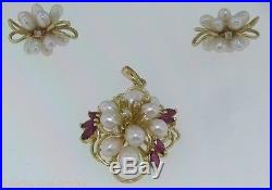 14K Yellow Gold Pearl With Ruby, & Diamond Accents Earring & Pendant Set
