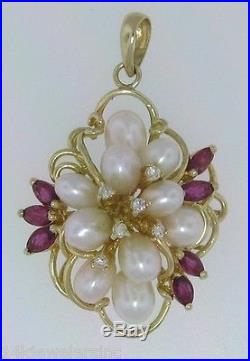 14K Yellow Gold Pearl With Ruby, & Diamond Accents Earring & Pendant Set