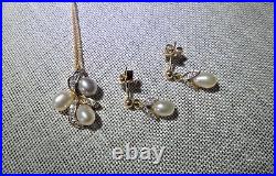 14K Yellow Gold Pearl and Diamond Earrings, Pendant, and Chain Set