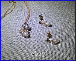 14K Yellow Gold Pearl and Diamond Earrings, Pendant, and Chain Set