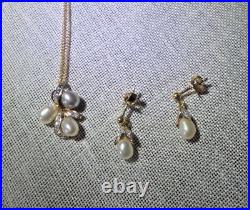 14K Yellow Gold Pearl and Diamond Earrings, Pendant, and Chain Set