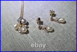 14K Yellow Gold Pearl and Diamond Earrings, Pendant, and Chain Set