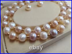 14K Yellow Gold Pink/Cream/Irridescent 7.5mm PEARL Necklace & Earrings SET