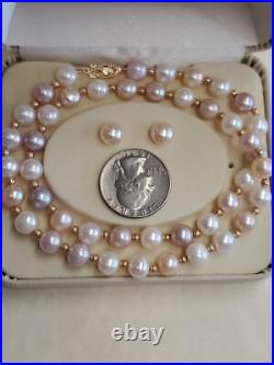 14K Yellow Gold Pink/Cream/Irridescent 7.5mm PEARL Necklace & Earrings SET