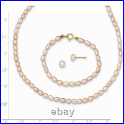 14K Yellow Gold Pink FW Cultured Pearl 12 Necklace, 5 Bracelet & Earring Set