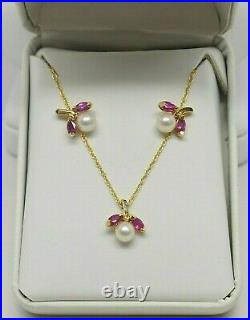 14K Yellow Gold Ruby & Pearl 16 Necklace with Matching Earrings