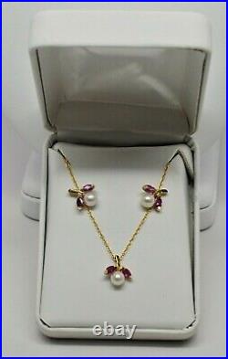 14K Yellow Gold Ruby & Pearl 16 Necklace with Matching Earrings