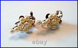 14K Yellow Gold Screw Back Earrings Set With Cultured Pearls Cluster Style