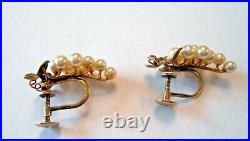 14K Yellow Gold Screw Back Earrings Set With Cultured Pearls Cluster Style