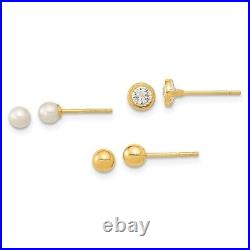 14K Yellow Gold Set of Ball Post Pearl Cubic Zirconia CZ 3 Pair Stud Earrings