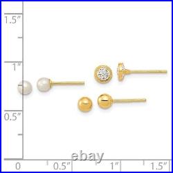 14K Yellow Gold Set of Ball Post Pearl Cubic Zirconia CZ 3 Pair Stud Earrings