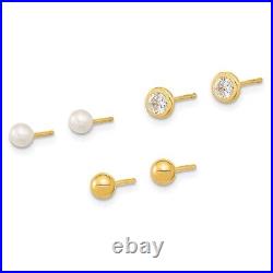 14K Yellow Gold Set of Ball Post Pearl Cubic Zirconia CZ 3 Pair Stud Earrings