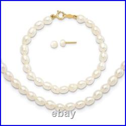 14K Yellow Gold White FW Pearl 14 in. Necklace, 5 in. Bracelet & Earring Set