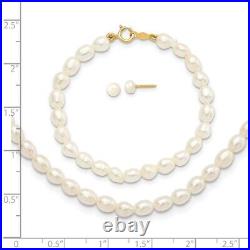 14K Yellow Gold White FW Pearl 14 in. Necklace, 5 in. Bracelet & Earring Set