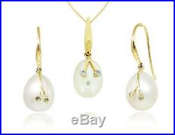 14K Yellow Gold, White Pearl and Diamond Accent Pendant & Dangle Earrings Set