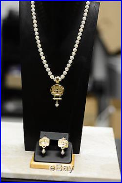 14K x-LG Yellow Gold Pearl Intaglio Necklace with Pendant & Earrings Jewelry Set