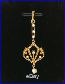 14ct Gold Antique Victorian Delicate Pendant set with a Diamond & Seed Pearls