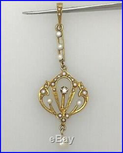 14ct Gold Antique Victorian Delicate Pendant set with a Diamond & Seed Pearls