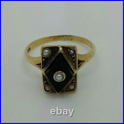 14ct Yellow Gold Antique Onyx & Seed Pearl Set Ring, Finger Size J 1/2
