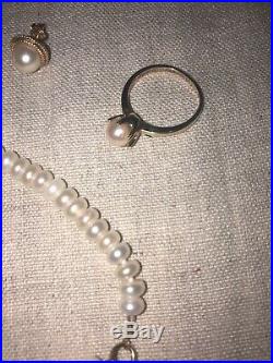 14k & 10k Freshwater Pearl Yellow Gold Ring Earrings Bracelet Set Lot-Vintage