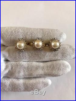 14k 14kt Yellow Gold Pearl Set Of Earrings And Ring 11.1 Grams Size 6.5 Diamonds