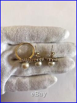 14k 14kt Yellow Gold Pearl Set Of Earrings And Ring 11.1 Grams Size 6.5 Diamonds