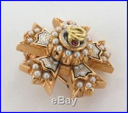 14k GOLD, SEED PEARL & ENAMELLED QUALITY HEAVY SET SMALL LODGE BROOCH