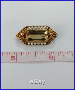 14k Gold Antique Vtg Bezel Set Golden Untreated Citrine & Seed Pearl Pin 4.4g