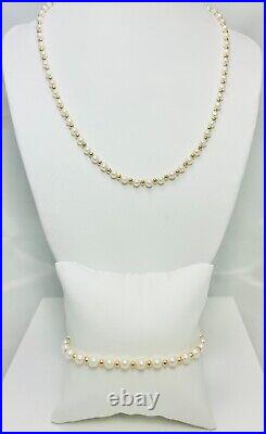 14k Gold Bead Cultured Pearl Necklace Bracelet Set (3566)