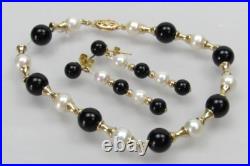 14k Gold Bead Pearl Onyx Bracelet & Dangle Earrings Matching Set PJS
