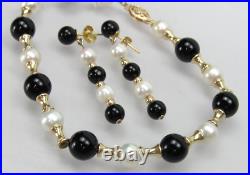 14k Gold Bead Pearl Onyx Bracelet & Dangle Earrings Matching Set PJS