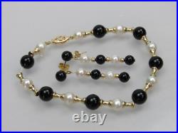 14k Gold Bead Pearl Onyx Bracelet & Dangle Earrings Matching Set PJS