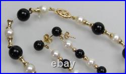 14k Gold Bead Pearl Onyx Bracelet & Dangle Earrings Matching Set PJS