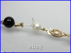 14k Gold Bead Pearl Onyx Bracelet & Dangle Earrings Matching Set PJS