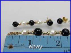 14k Gold Bead Pearl Onyx Bracelet & Dangle Earrings Matching Set PJS
