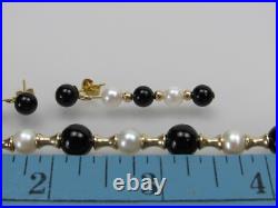 14k Gold Bead Pearl Onyx Bracelet & Dangle Earrings Matching Set PJS
