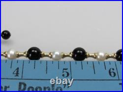 14k Gold Bead Pearl Onyx Bracelet & Dangle Earrings Matching Set PJS