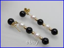 14k Gold Bead Pearl Onyx Bracelet & Dangle Earrings Matching Set PJS
