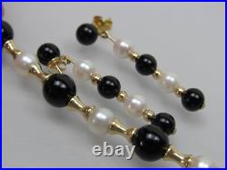 14k Gold Bead Pearl Onyx Bracelet & Dangle Earrings Matching Set PJS