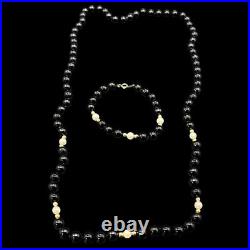 14k Gold Black Glass Beads Genuine Pearl Necklace & Bracelet Set