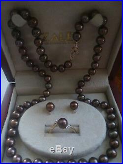 14k Gold Chocolate Cultured Pearl & Diamonds- Necklace, Ring & Earrings Set