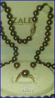 14k Gold Chocolate Cultured Pearl & Diamonds- Necklace, Ring & Earrings Set