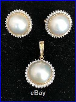 14k Gold, Diamond And Mobe Pearl Matching Earring & Ring Set