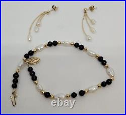 14k Gold Earrings & Bracelet with Freshwater Pearls and Black Coral