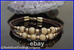 14k Gold Floating Ball Bead Brown Leather Braid 2 Bracelets +Choker Necklace Set