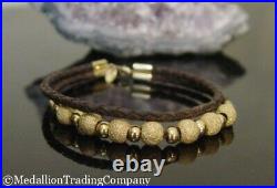 14k Gold Floating Ball Bead Brown Leather Braid 2 Bracelets +Choker Necklace Set