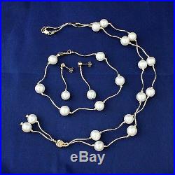 14k Gold Freshwater Cultured Pearl Station Necklace Earrings Bracelet Set
