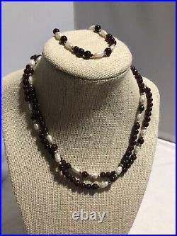 14k Gold Garnet Pearl Beaded Necklace And Bracelet Set