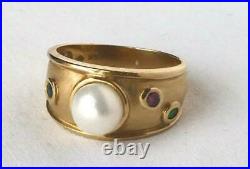 14k Gold Genuine Pearl Bezel Set Ruby Sapphire Emerald Wide Band Ring Brushed